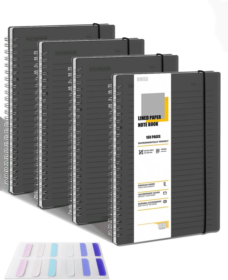 OWSC 4 Pack Ruled Notebook, 5.9 x 8.3 Inches Spiral Notebooks for Work, School and Journal with 110 GSM Journal Ruled Paper, Large Notebook with 80 Sheets/160 Pages, Hardcover Ruled Journal Black - Image 1